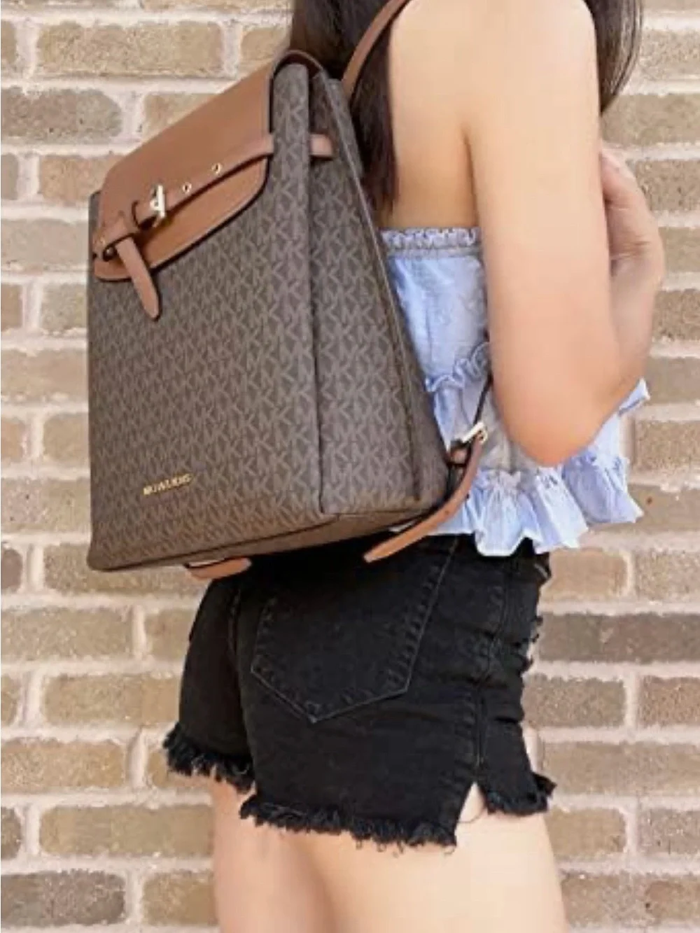 Michael Kors Brown Logo Convertible Backpack Tote with Tan Flap